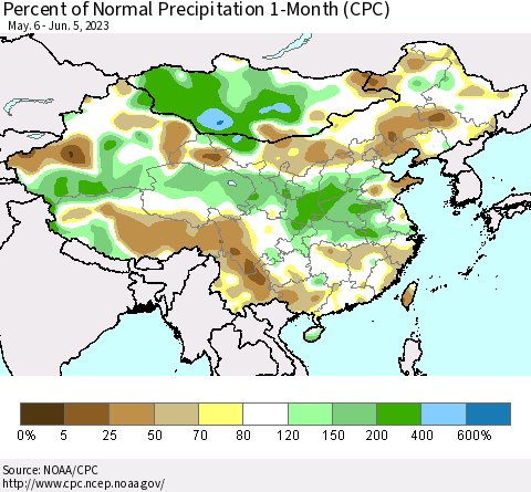 China, Mongolia and Taiwan Percent of Normal Precipitation 1-Month (CPC) Thematic Map For 5/6/2023 - 6/5/2023