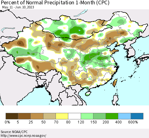 China, Mongolia and Taiwan Percent of Normal Precipitation 1-Month (CPC) Thematic Map For 5/11/2023 - 6/10/2023