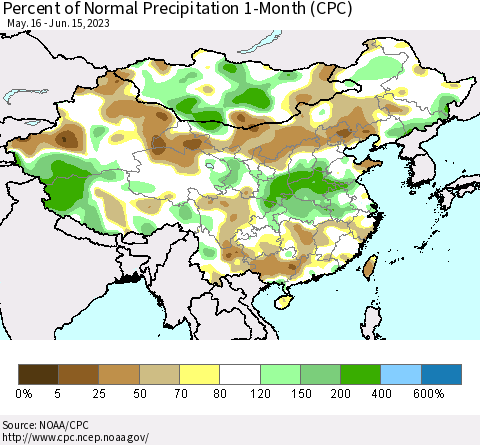 China, Mongolia and Taiwan Percent of Normal Precipitation 1-Month (CPC) Thematic Map For 5/16/2023 - 6/15/2023