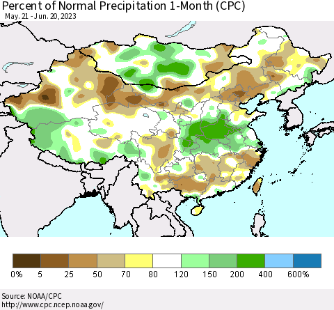 China, Mongolia and Taiwan Percent of Normal Precipitation 1-Month (CPC) Thematic Map For 5/21/2023 - 6/20/2023