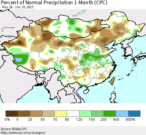 China, Mongolia and Taiwan Percent of Normal Precipitation 1-Month (CPC) Thematic Map For 5/26/2023 - 6/25/2023