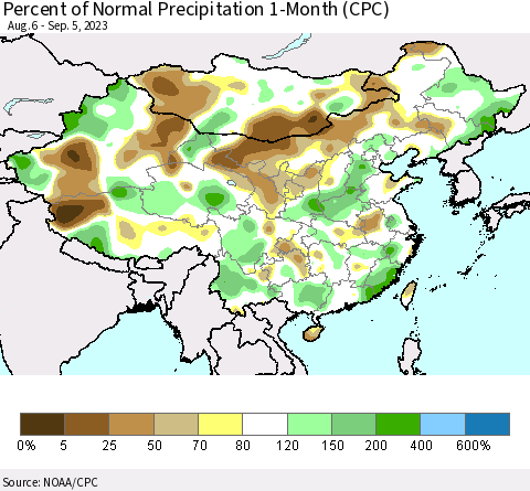 China, Mongolia and Taiwan Percent of Normal Precipitation 1-Month (CPC) Thematic Map For 8/6/2023 - 9/5/2023