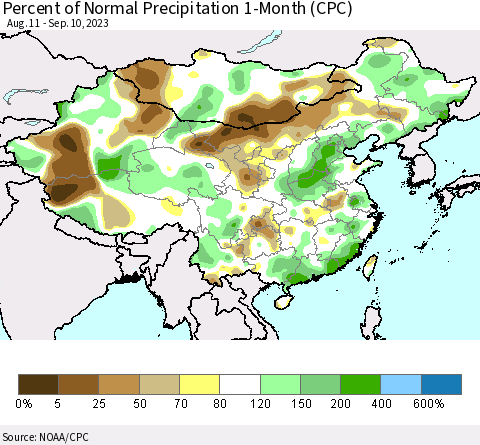 China, Mongolia and Taiwan Percent of Normal Precipitation 1-Month (CPC) Thematic Map For 8/11/2023 - 9/10/2023