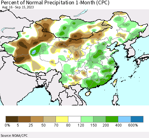 China, Mongolia and Taiwan Percent of Normal Precipitation 1-Month (CPC) Thematic Map For 8/16/2023 - 9/15/2023