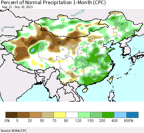 China, Mongolia and Taiwan Percent of Normal Precipitation 1-Month (CPC) Thematic Map For 8/21/2023 - 9/20/2023