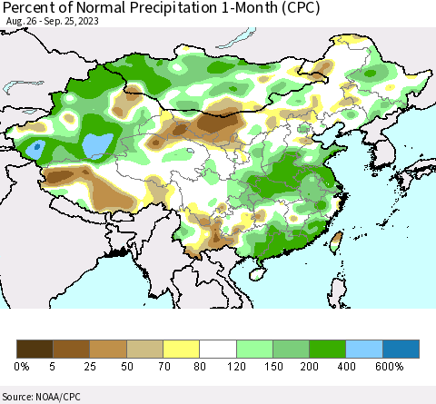 China, Mongolia and Taiwan Percent of Normal Precipitation 1-Month (CPC) Thematic Map For 8/26/2023 - 9/25/2023