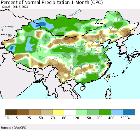 China, Mongolia and Taiwan Percent of Normal Precipitation 1-Month (CPC) Thematic Map For 9/6/2023 - 10/5/2023