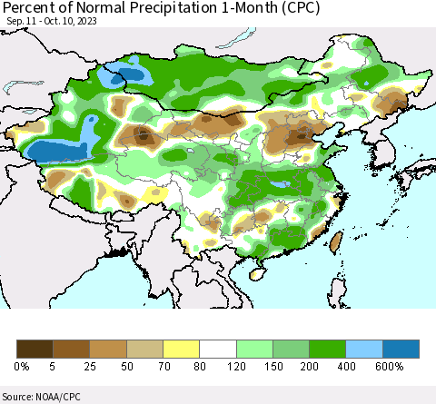 China, Mongolia and Taiwan Percent of Normal Precipitation 1-Month (CPC) Thematic Map For 9/11/2023 - 10/10/2023