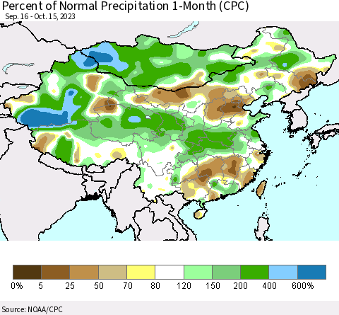 China, Mongolia and Taiwan Percent of Normal Precipitation 1-Month (CPC) Thematic Map For 9/16/2023 - 10/15/2023
