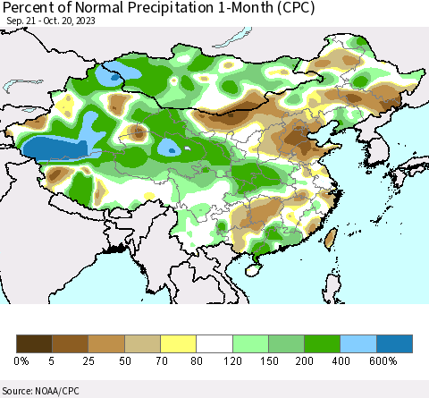 China, Mongolia and Taiwan Percent of Normal Precipitation 1-Month (CPC) Thematic Map For 9/21/2023 - 10/20/2023