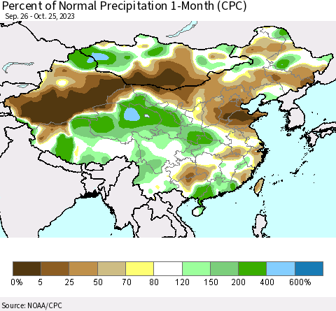 China, Mongolia and Taiwan Percent of Normal Precipitation 1-Month (CPC) Thematic Map For 9/26/2023 - 10/25/2023