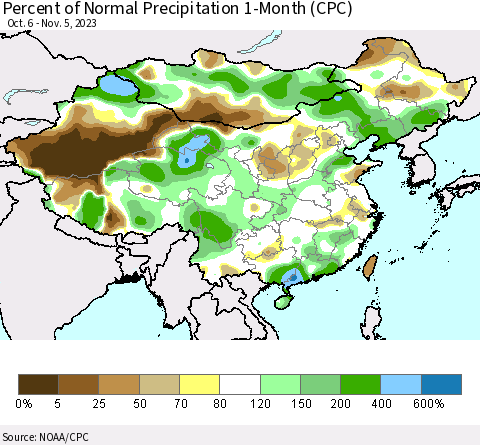 China, Mongolia and Taiwan Percent of Normal Precipitation 1-Month (CPC) Thematic Map For 10/6/2023 - 11/5/2023