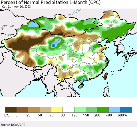 China, Mongolia and Taiwan Percent of Normal Precipitation 1-Month (CPC) Thematic Map For 10/11/2023 - 11/10/2023