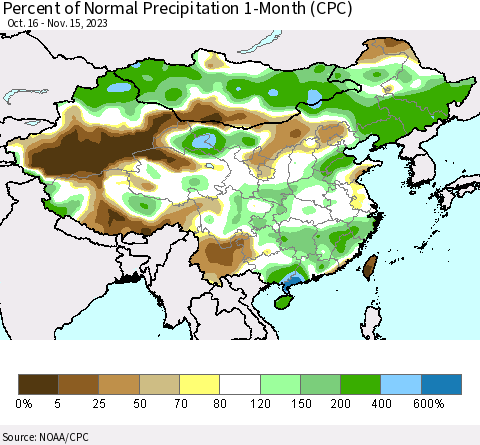 China, Mongolia and Taiwan Percent of Normal Precipitation 1-Month (CPC) Thematic Map For 10/16/2023 - 11/15/2023