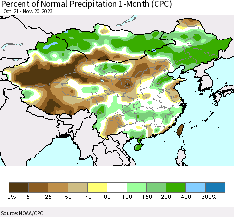 China, Mongolia and Taiwan Percent of Normal Precipitation 1-Month (CPC) Thematic Map For 10/21/2023 - 11/20/2023