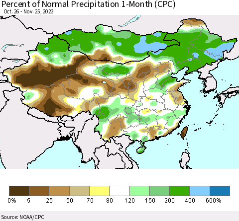 China, Mongolia and Taiwan Percent of Normal Precipitation 1-Month (CPC) Thematic Map For 10/26/2023 - 11/25/2023
