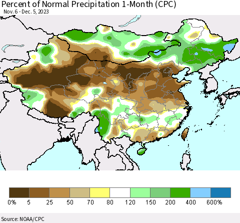 China, Mongolia and Taiwan Percent of Normal Precipitation 1-Month (CPC) Thematic Map For 11/6/2023 - 12/5/2023