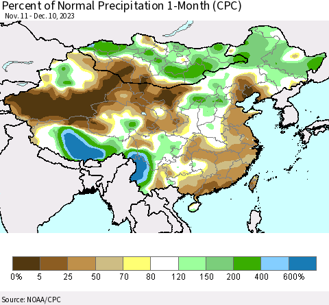 China, Mongolia and Taiwan Percent of Normal Precipitation 1-Month (CPC) Thematic Map For 11/11/2023 - 12/10/2023