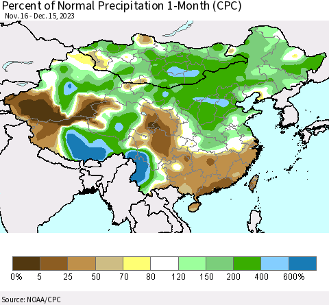 China, Mongolia and Taiwan Percent of Normal Precipitation 1-Month (CPC) Thematic Map For 11/16/2023 - 12/15/2023