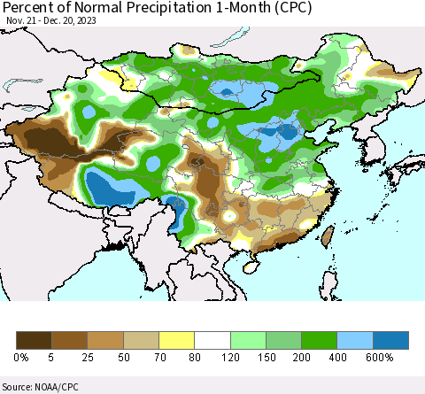 China, Mongolia and Taiwan Percent of Normal Precipitation 1-Month (CPC) Thematic Map For 11/21/2023 - 12/20/2023