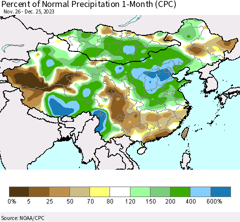 China, Mongolia and Taiwan Percent of Normal Precipitation 1-Month (CPC) Thematic Map For 11/26/2023 - 12/25/2023