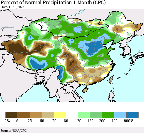 China, Mongolia and Taiwan Percent of Normal Precipitation 1-Month (CPC) Thematic Map For 12/1/2023 - 12/31/2023