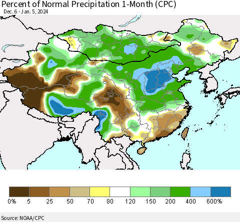 China, Mongolia and Taiwan Percent of Normal Precipitation 1-Month (CPC) Thematic Map For 12/6/2023 - 1/5/2024