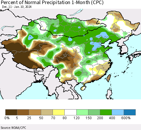 China, Mongolia and Taiwan Percent of Normal Precipitation 1-Month (CPC) Thematic Map For 12/11/2023 - 1/10/2024
