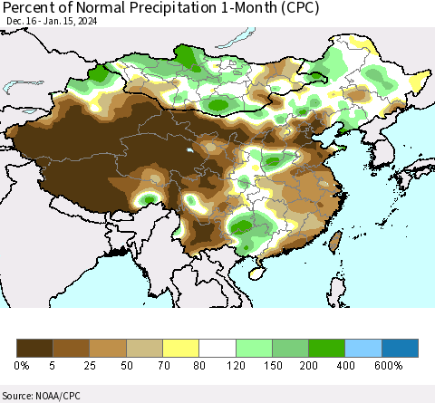 China, Mongolia and Taiwan Percent of Normal Precipitation 1-Month (CPC) Thematic Map For 12/16/2023 - 1/15/2024
