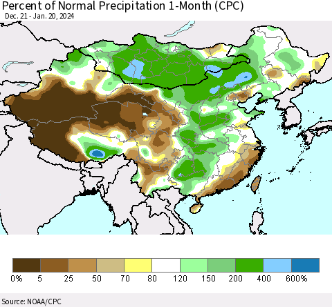 China, Mongolia and Taiwan Percent of Normal Precipitation 1-Month (CPC) Thematic Map For 12/21/2023 - 1/20/2024