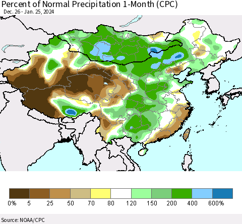 China, Mongolia and Taiwan Percent of Normal Precipitation 1-Month (CPC) Thematic Map For 12/26/2023 - 1/25/2024