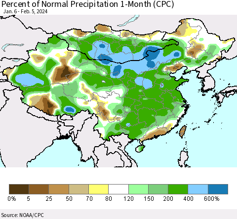China, Mongolia and Taiwan Percent of Normal Precipitation 1-Month (CPC) Thematic Map For 1/6/2024 - 2/5/2024