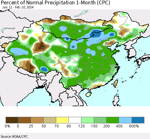 China, Mongolia and Taiwan Percent of Normal Precipitation 1-Month (CPC) Thematic Map For 1/11/2024 - 2/10/2024