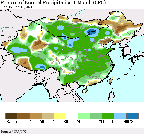 China, Mongolia and Taiwan Percent of Normal Precipitation 1-Month (CPC) Thematic Map For 1/16/2024 - 2/15/2024