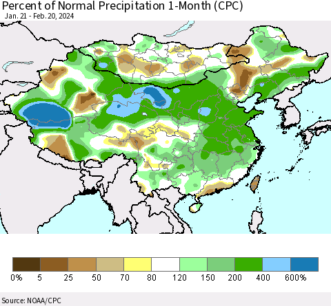 China, Mongolia and Taiwan Percent of Normal Precipitation 1-Month (CPC) Thematic Map For 1/21/2024 - 2/20/2024