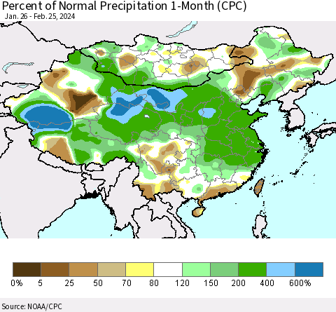 China, Mongolia and Taiwan Percent of Normal Precipitation 1-Month (CPC) Thematic Map For 1/26/2024 - 2/25/2024