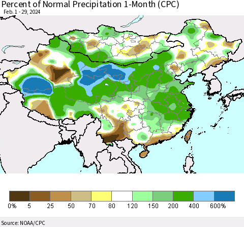 China, Mongolia and Taiwan Percent of Normal Precipitation 1-Month (CPC) Thematic Map For 2/1/2024 - 2/29/2024