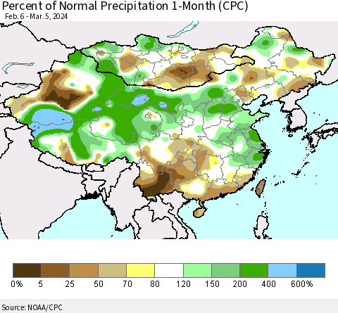 China, Mongolia and Taiwan Percent of Normal Precipitation 1-Month (CPC) Thematic Map For 2/6/2024 - 3/5/2024