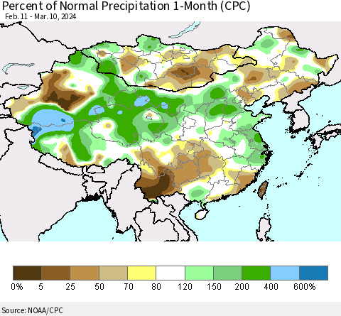 China, Mongolia and Taiwan Percent of Normal Precipitation 1-Month (CPC) Thematic Map For 2/11/2024 - 3/10/2024