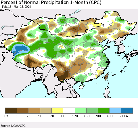 China, Mongolia and Taiwan Percent of Normal Precipitation 1-Month (CPC) Thematic Map For 2/16/2024 - 3/15/2024