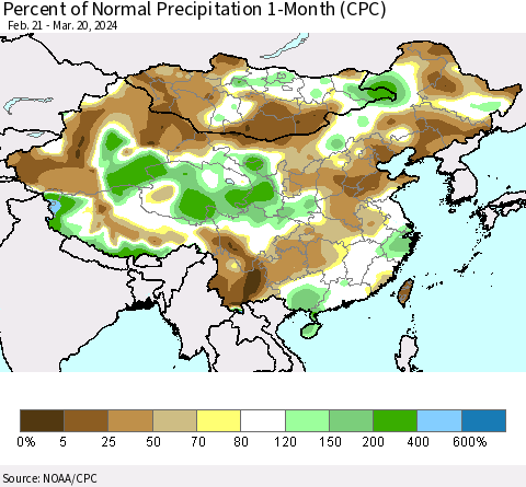 China, Mongolia and Taiwan Percent of Normal Precipitation 1-Month (CPC) Thematic Map For 2/21/2024 - 3/20/2024