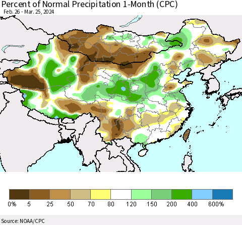 China, Mongolia and Taiwan Percent of Normal Precipitation 1-Month (CPC) Thematic Map For 2/26/2024 - 3/25/2024