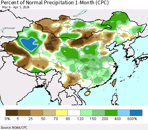 China, Mongolia and Taiwan Percent of Normal Precipitation 1-Month (CPC) Thematic Map For 3/6/2024 - 4/5/2024