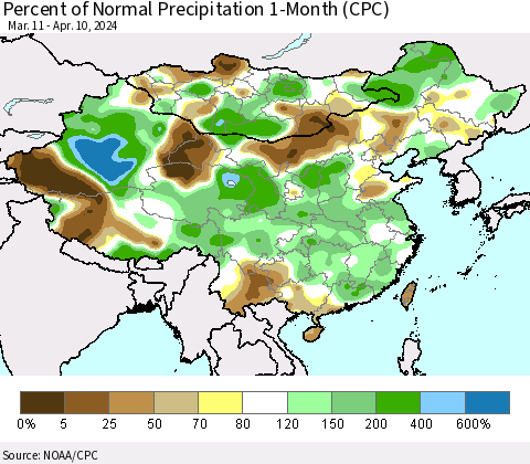 China, Mongolia and Taiwan Percent of Normal Precipitation 1-Month (CPC) Thematic Map For 3/11/2024 - 4/10/2024