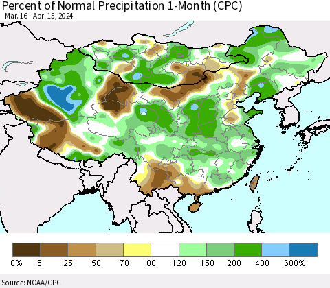 China, Mongolia and Taiwan Percent of Normal Precipitation 1-Month (CPC) Thematic Map For 3/16/2024 - 4/15/2024