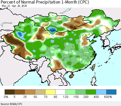 China, Mongolia and Taiwan Percent of Normal Precipitation 1-Month (CPC) Thematic Map For 3/21/2024 - 4/20/2024
