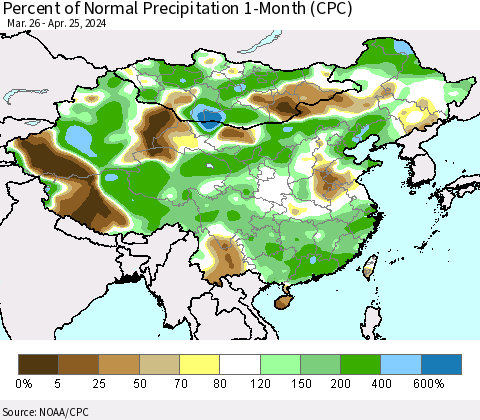 China, Mongolia and Taiwan Percent of Normal Precipitation 1-Month (CPC) Thematic Map For 3/26/2024 - 4/25/2024