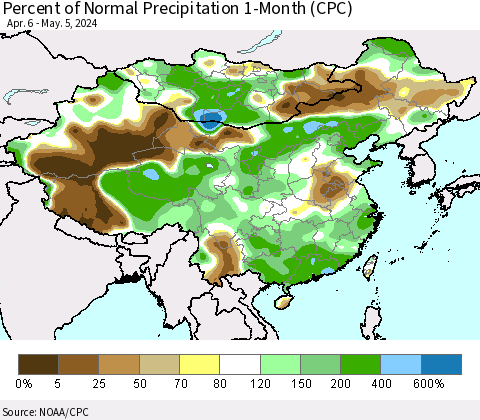 China, Mongolia and Taiwan Percent of Normal Precipitation 1-Month (CPC) Thematic Map For 4/6/2024 - 5/5/2024