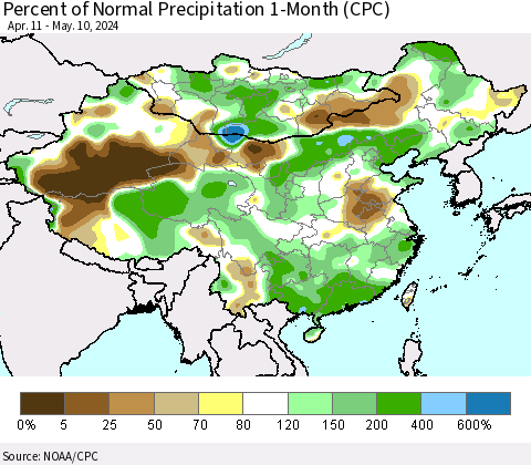 China, Mongolia and Taiwan Percent of Normal Precipitation 1-Month (CPC) Thematic Map For 4/11/2024 - 5/10/2024