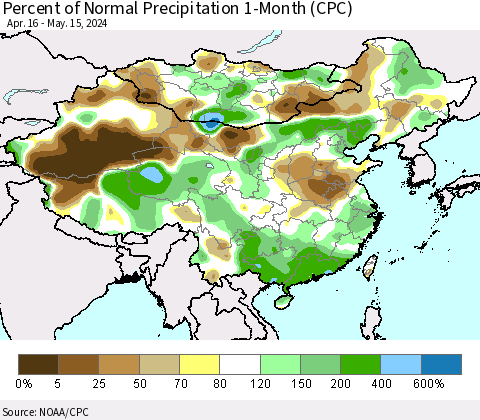 China, Mongolia and Taiwan Percent of Normal Precipitation 1-Month (CPC) Thematic Map For 4/16/2024 - 5/15/2024